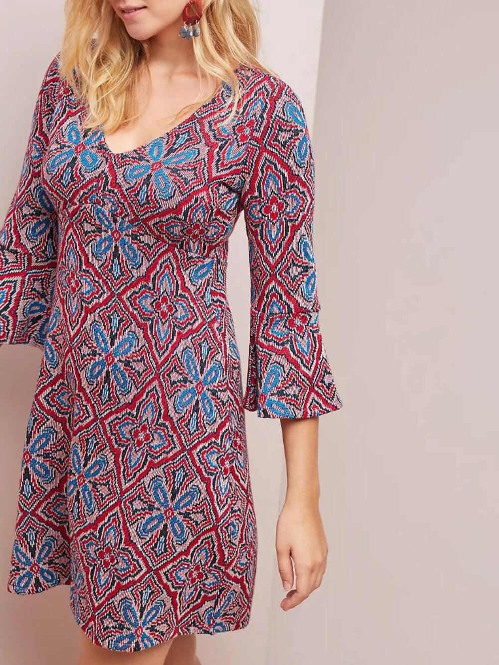 NWT Anthropologie Maeve Barrie Sweater Dress stretch knit bell sleeve tapestry S